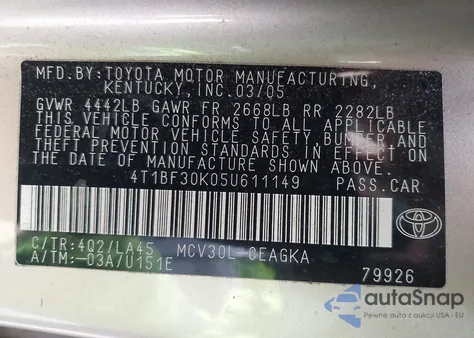 2005 Toyota Camry Xle V6 from USA, damaged, VIN 4T1BF30K05U611149